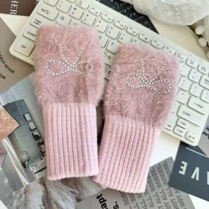 DRESSPLUS Hotfix Rhinestone Bow Gloves Solid Color Plush Half Finger Mittens Sweet Warm Knitted Gloves Ladies