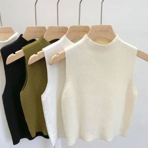 FXUP Solid Color Knitted Vest Sleeveless Slimming Tees T-Shirt Fashion Half-turtleneck Camisole Women