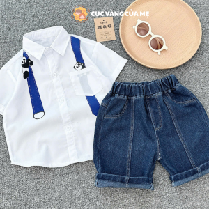 Set Sơ Mi Bé Trai Đi Học Đi Chơi Set Sơ Mi Trắng Quần Jean Hàn Quốc Cho Bé Trai Từ 10kg Đến 30kg SBT10