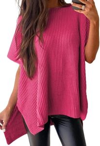 SHEWIN  Womens Round Neck Short Sleeve Sweater Casual Waist-Tie Top Lightweight Summer Sweater