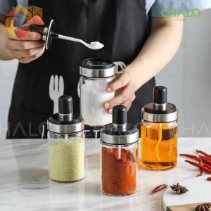 Lọ đựng gia vị kèm muỗng có nắp thủy tinh màu đen hũ đựng gia vị tiện lợi cho nhà bếp