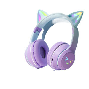 Gradient Purple Blue Red Black Green Gradient Color Cat Ear Headphones Over-ear Wireless Bluetooth Earphones Card Slot Available LED Lights  Light-up  Cute and Girly Style Glow Sports Running Games Gaming Headset for Audults Kids Earbuds