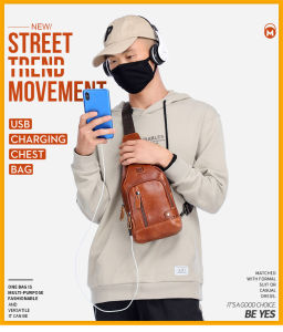 BULLCAPTAIN Leather Chest Bag Small Sling Bag Man USB Charging Shoulder Bag Crossbody Bag