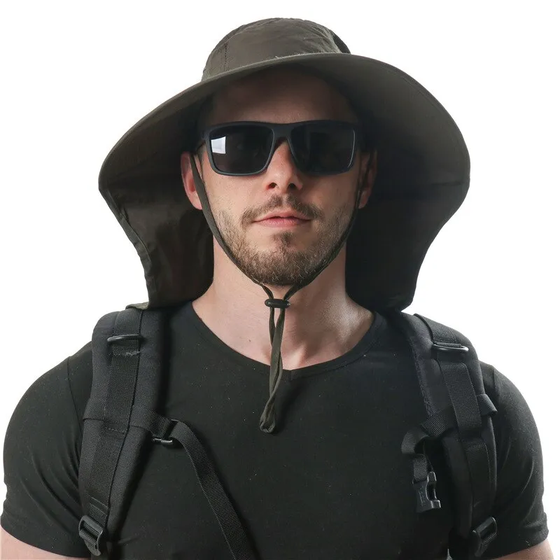 Wide Brim Bucket Hat with Neck Cover Quick Dry Large Brim Fishing Hat  Outdoor Sports Jungle Hiking Hat Men Fishermen Sun Hat Cap