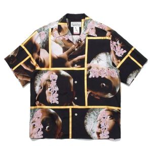 WACKO MARIA Shirt Polyester Checkered Photo Printing Oversize Button Lapel Men Women Black Short Sleeve Thin Breathable New