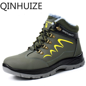 QINHUIZE Safety shoes mens high-cut smash-proof puncture wear-resistant waterproof welder shoes winter plus velvet steel toe work safety boots site protective shoes