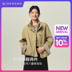 GIORDANO Women Jackets Fake Two-Piece Stand Collar Jackets Plaid Lining Cuff Fashionable Casual Loose Jackets 18376613