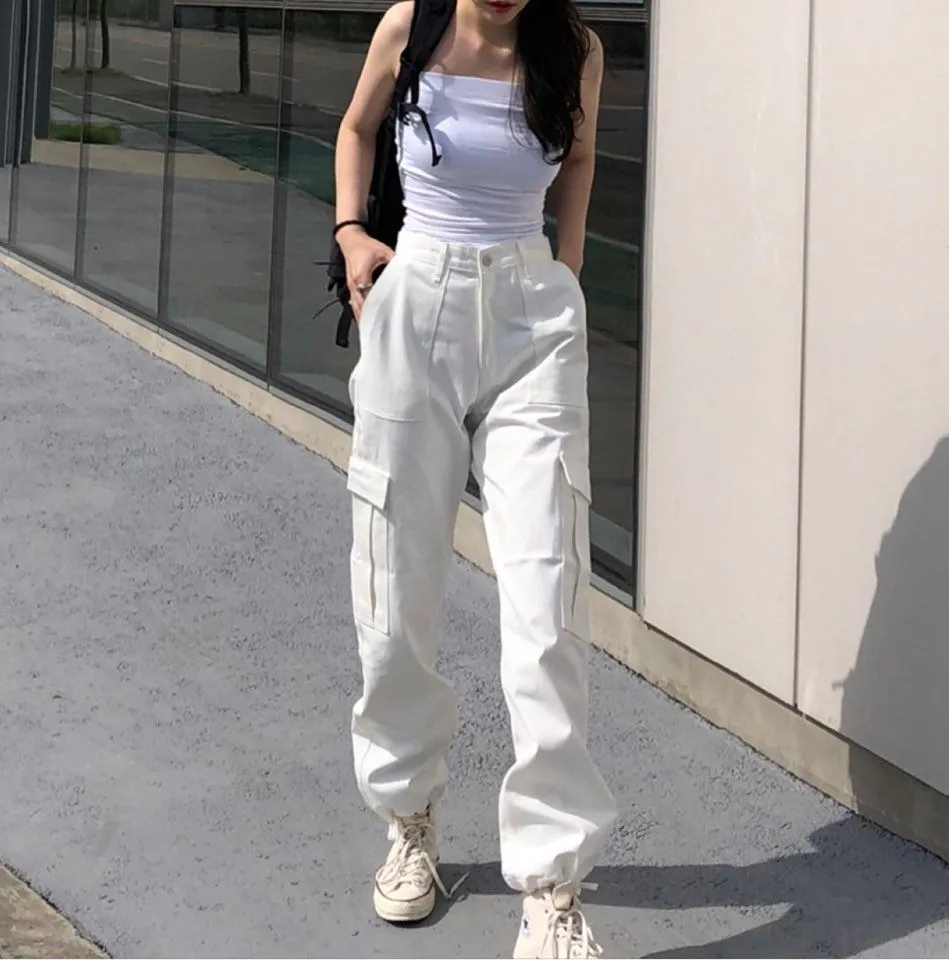 Big Pockets Cargo Pants Women Streetwear Fashion Joggers Female High Waist  Pencil Casual Trousers Girl Retro Vintage White Black