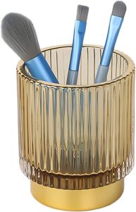 Vintage Makeup Brush Holder OrganizerDresser Glass Brushes HolderVanity Cosmetic Brush HolderDesktop Crystal Eyeliners Eyebrow Pencil Storage Cup Holder for Countertop (Large Amber)