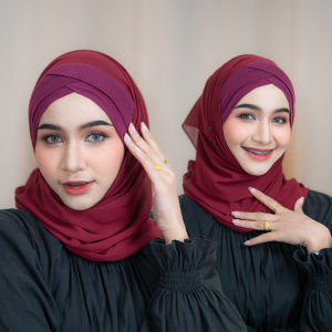 ผ้าพันชีฟอง ติดอินเนอร์รุ่นหน้าไขว้ ฮิญาบกึ่งสำเร็จ งานสีพื้นเรียบๆ ใส่ออกงานอิสลาม HL76 วาริสมุสลิม