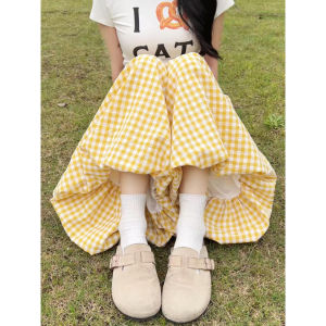 COD黄色格子花苞裙裤女春季2026款高腰显瘦灯笼裤宽松休闲冰丝阔腿裤2026新品
