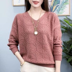 TTQQ Womens Hollow Knitted Sweater New Long-sleeved Top