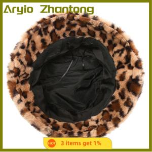Aryio Hats Womens Winter Faces Small Leopard Print Fishermans Hats Womens Versatile Thermal Tub Hats Plush Bucket Hats