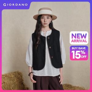 Giordano Women Lace trim round neck button closure vest Free Shipping 18376507
