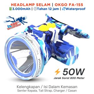 Senter Kepala Loreng Biru Army OKGO FA-155 Headlamp 50W / 3000mAh / 12Jam / Tahan Air / Senter Selam / Senter Proyek / Senter Camping / Senter Diving / Senter Outdoor
