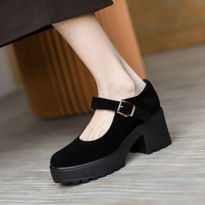 [Free Shipping] Warm Maple New Style Shoes High Heel Chunky Heel Retro Thick Sole Round Toe WomenS Black High Heels