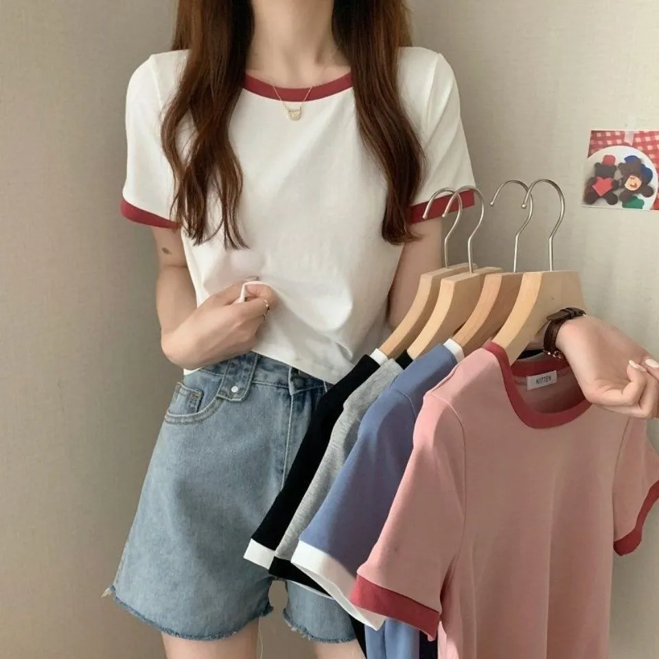 Ready Stock Korean Style Women Color Block Tops Round Neck Short Sleeve Casual T-shirt T77