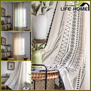 Room Light Blocking Curtain Cotton and linen printing geometry without punching Privacy Curtain Bedroom window kitchen Shade Cloth