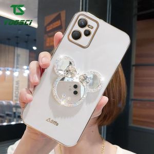 Luxury Bling Glitter Diamond Mirror Stand Plating Phone Case Soft TPU Smooth Back Cover For Realme C53 C51 C55 C33 C35 C31 C15 C12 C11 C30 C17 C20 C21Y C25Y 5 Pro 7 Pro 8 Pro 9 Pro 10 Pro 5i 5S 6i 7i 8i 9i Narzo 50A 50i Prime Narzo 20 30A