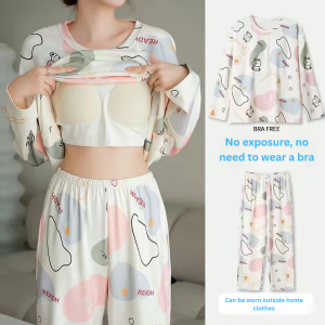 2025new arrival spring autum womens pure cottonlong sleeves pajamas with chest pad all-in-one design plaidheart home clothes