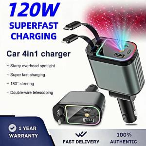 Car 4in1 charger Mobile Phone Super Fast Charger With starry spotlights Retractable Car charge Smart Car Charger Cable for IOS Android
