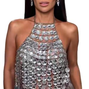 Womens Layered Acrylic Crystal Body Chain Camisole Halterneck Backless Crop Tank Top Body Jewelry for Beach Festivals