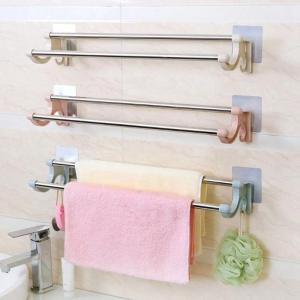 Stainless Steel Double Rod Towel Bar Wall Mounted Punch-free Towel Rack Space Saving Traceless Towel Storage Shelf for Bathroom