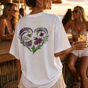 [Local Stock] HBESTY  With Heart Shaped Floral Design Bees Purple Flowers Green Leaves Crew Neck Short Sleeves White T-Shirt  Y2k High Quality Cotton