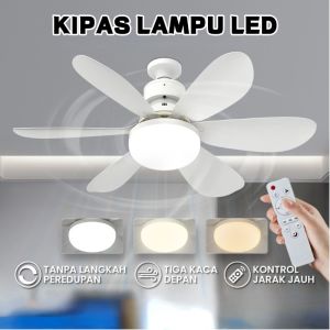 ✨Barang Ready✨ Toko Halo Lampu Kipas Gantung langit-langit 40W 6 Baling LED 3 Warna Cahaya Fitting E27 +Remote / Lampu Kipas Led 40W 30W