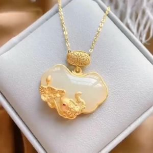 Gold-plated Vietnamese sand gold traditional gold inlay with Hetian white jade lotus leaf small fish and ruyi lock pendant necklace for women