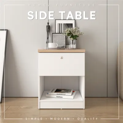 KitchenZ Alona Series Side Table Full Melamine with Lockable Drawer and Open Storage - M7995-LH+WT