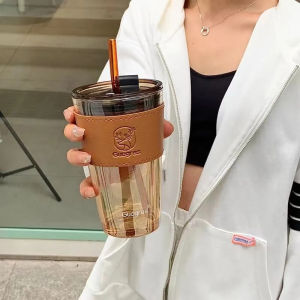 ZOWOKI Gelas Tumblr Kaca Bening Gelas susu Gelas Mug Gelas Kaca dengan Tutup Anti Bocor 450ml Botol Minum Kaca Gratis Sedotan gelas jus gelas air