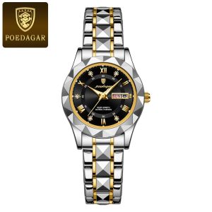POEDAGAR Ladies Dress Watch Luminous Waterproof Week Date Woman Wristwatch Stainless Steel Quartz Clock+box