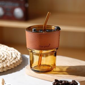 Cốc Thủy Tinh 450ML Bọc Da Cao Cấp Tặng Kèm Ống Hút