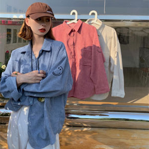 Kemeja Wanita Lengan Panjang Korduroi Polos Longgar Senyum Atasan Bordir