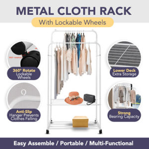 🇸🇬 Double Garment Rack Clothes Hanger Heavy Duty Anti Rust Metal with Bottom Shelves Cloth Organizer