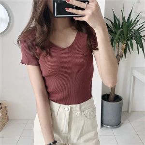 Summer V-neck Slim Knitted T-shirt Bottomed Shirt Short Top Womens Half Sleeve blouse women