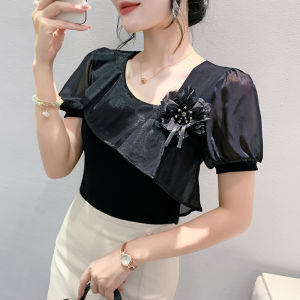 YIMEI ผ้าระบายขอบแขนสั้นผ้าชีฟองสำหรับผู้หญิงใส่ฤดูร้อนเสื้อยืด2024แฟชั่นใหม่ประดับด้วยลูกปัดเสื้อคอวีเฉียงสีชมพูหวาน