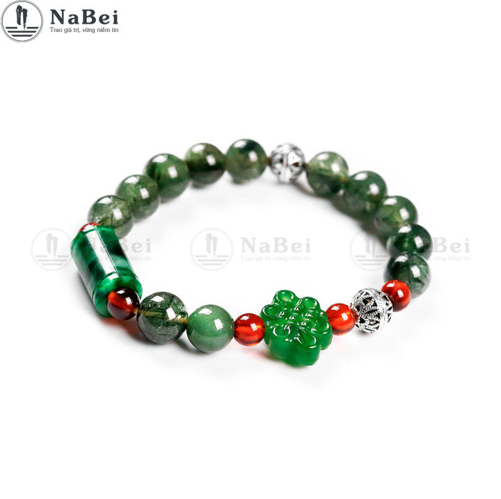 [KÈM XEM TỬ VI] Vòng Tay Đá Thạch Anh Tóc Xanh Mix Ngọc Hòa Điền, Lu Thống Sơn Thủy, Bạc Thái NB125 - Phong Thuỷ NaBei Store
