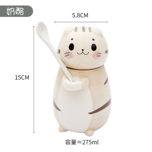 300ml Cute Cat Ceramic Mug With Spoon and Lid Hand Painted Coffee Milk Drinkware