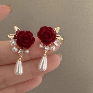 WineRed Pearl Rose Flower Earrings Retro Wedding Ear Studs Christmax New Year Jewelry Earring