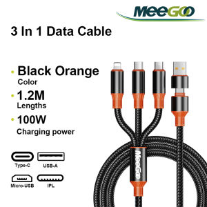 MeeGoo Quick Charge Cable 3 In 1 100W & 6A Type C Android Micro USB iPhone Data Line Phone Cable Compatible with Xiaomi Huawei Samsung OPPO 一拖三快充数据线