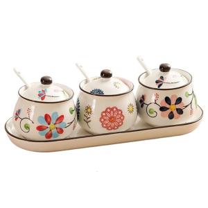 Complete Jar Ceramic Set Feature Underglaze Designs Comes With Utensils and Coordinating Display Tray