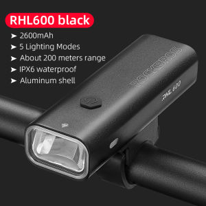 【Local Delivery】ROCKBROS Bike Light 600 LM Waterproof Gradient MTB Headlight Rechargeable Aluminum Alloy Flashlight 5 Modes Durable Bicycle Front Light With Temputure Control System Bike Accessories