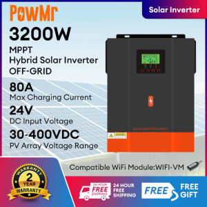 PowMr 3.2KW Off-Grid Hybrid Solar Charger Inverter Built-in 80A MPPT Solar Charge Controller PV Input 30-450Voc 24V Pure Sine Wave Inverter 50/60Hz Auto All In One Solar Inverter