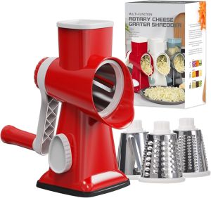 Cheese Grater Cheese Shredder with 3 Interchangeable Blades Rotary Cheese Grater Manual Vegetable Slicer with Non-slip Suction Base Peanut Nuts Grinder Vegetable Shredder Clear