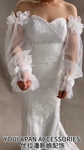 Detachable White Mesh Arm Sleeves Bride Wedding Arm Cover Decorate Ruffle Sleeve for Bridal Arm Sleeve with Flower