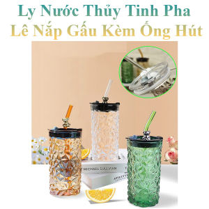 Ly Nước Thủy Tinh Pha Lê Nắp Gấu Kèm Ống Hút Hình Trụ