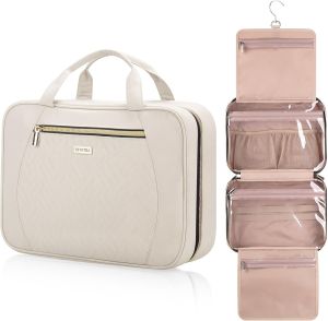 Hanging Toiletry Bag for Women Travel 2 Sizes Large & Small Waterproof Cosmetic Organizer with 4 Compartments Rotating Hook Foldable Pink Travel Bag for Toiletries & Makeup - Large Beige