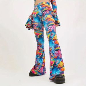 Sweet Cow Print Flare Pants  Trendy  High Waist Thin Summer Slim American Fashion Spicy Girl Casual Trouser
